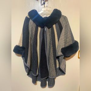 Dressy, cozy vintage style women’s a-line cape / pancho with faux fur detailing